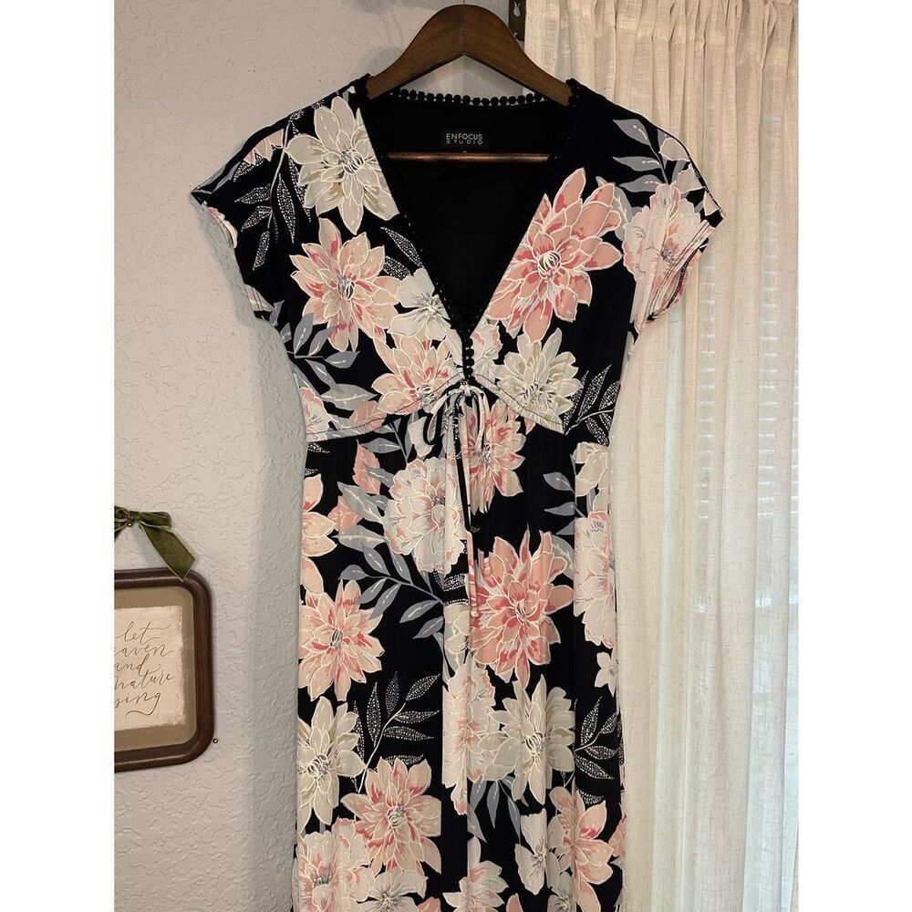 Enfocus Studio Black Floral Maxi Dress with Pink & Cream Blooms